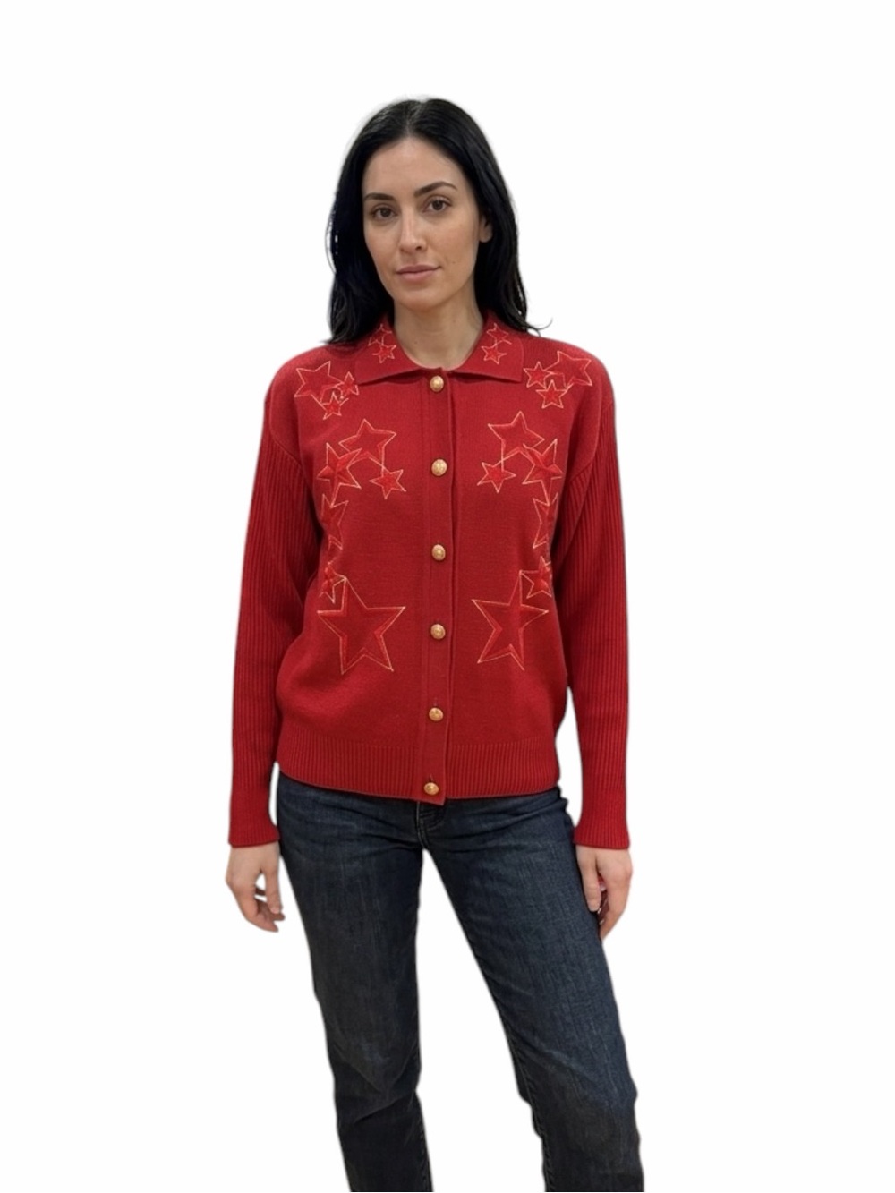 Vintage ESCADA Margaretha Ley Star Embroidered Wool Cardigan Red Gold L